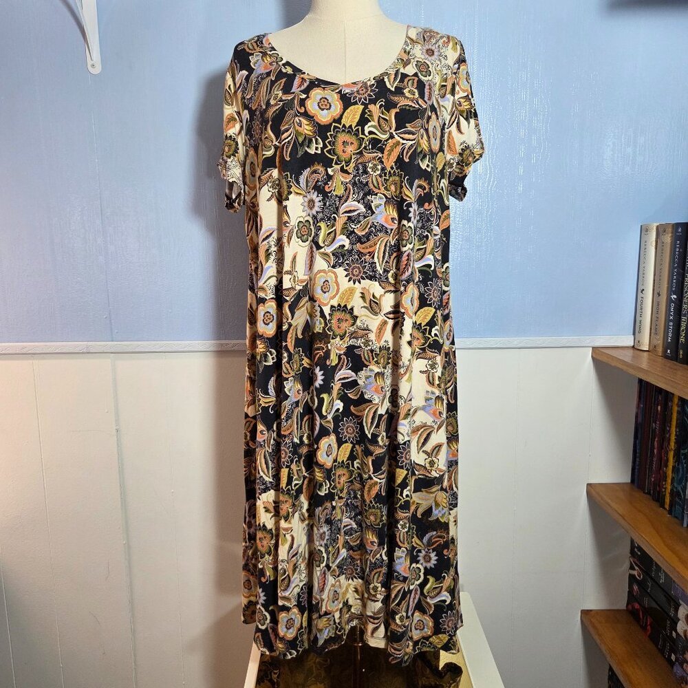Nicole Miller New York 1X Black Orange Floral Paisley Shortsleeve Midi Dress